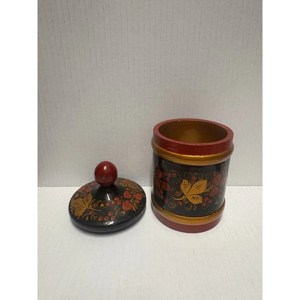 Vintage Russian Khokhloma‎ Jar  6.5 in tall Lidded Wood Lacquer plus 2 spoons